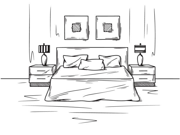 illustrations, cliparts, dessins animés et icônes de croquis réaliste de la chambre à coucher. croquis dessiné à la main de l'intérieur. illustration de vecteur - sofa vehicle interior domestic room residential structure