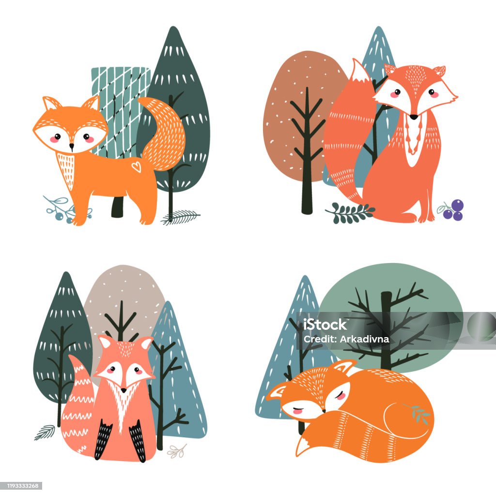 Vetores de Um Conjunto De Raposas Fofas Raposa Bonito Em Um Fundo Das  Árvores Ilustração Desenhada À Mão No Estilo Escandinavo e mais imagens de  Animal - iStock