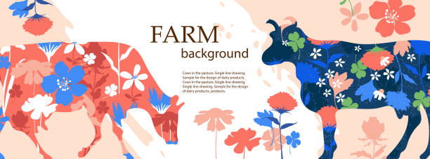istock Horizontal banner. Agricultural background. Silhouettes of cows and flowers. 1193333761