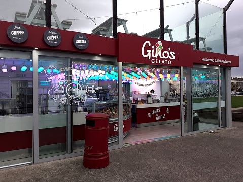 11th December 2019, Bray, County Wicklow, Ireland. Gino's Gelato restaurant on Bray promenade at dusk.