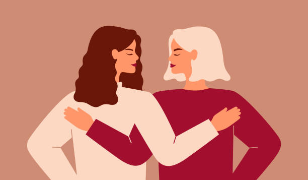 Back view of two strong women supporting each other. Back view of two strong women supporting each other. Friends hug and look each other in the face. The concept of friendship, care and love. Vector flat illustration teenage girls illustrations stock illustrations
