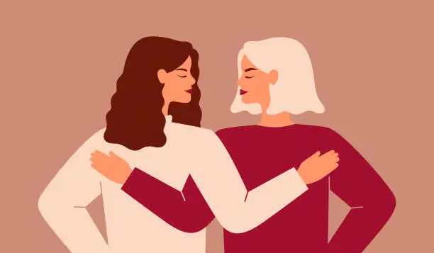 Vector illustration of Back view of two strong women supporting each other.