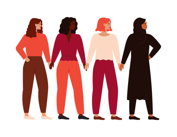 婦女互相支援。四個自信而堅強的女孩手牽手站在一起。 - 示威 插圖 幅插畫檔、美工圖案、卡通及圖標
