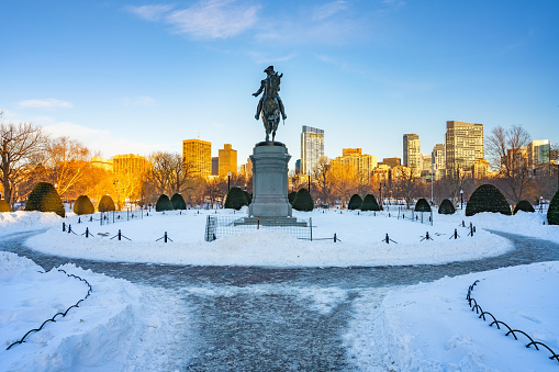 View on George Washington statue in Boston public garden at winter