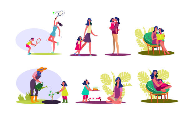 Happy motherhood set Happy motherhood set. Mother and daughter spending time together, enjoying activities. Flat vector illustrations. Family concept for banner, website design or landing web page landing touching down stock illustrations