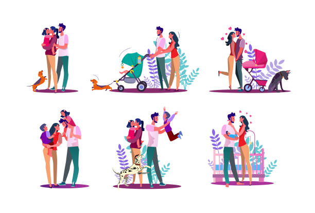 Happy family set Happy family set. Couple with kids walking, enjoying time together. Flat vector illustrations. Family, love, lifestyle concept for banner, website design or landing web page happy family stock illustrations