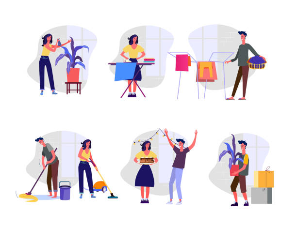 Domestic cares set Domestic cares set. Man and woman ironing, doing laundry, moping floor, celebrating. Flat vector illustrations. Housekeeping, housing concept for banner, website design or landing web page man doing household chores stock illustrations