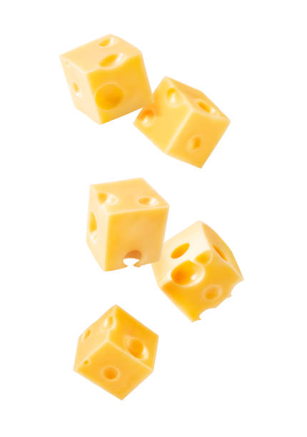 set of fly cheese cubes isolated on white background. - dairy farm dairy product emmental cheese cheese imagens e fotografias de stock