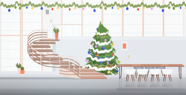stockillustraties, clipart, cartoons en iconen met coworking center ingericht voor kerst vakantie viering moderne vergaderruimte met ronde tafel kantoor interieur horizontaal - christmas tree