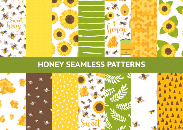 Vector seamless pattern with bee, honeycomb, honey, jar, sunflower. Sweet honey background for beekeeping products. Vector seamless pattern with bee, honeycomb, honey, jar, sunflower. Sweet honey background for beekeeping products. bee patterns stock illustrations