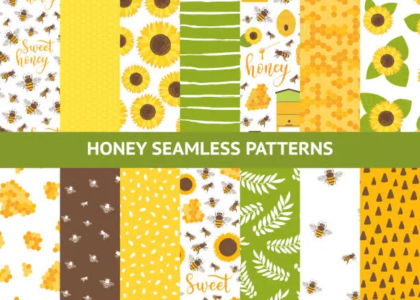 Vector illustration of Vector seamless pattern with bee, honeycomb, honey, jar, sunflower. Sweet honey background for beekeeping products.