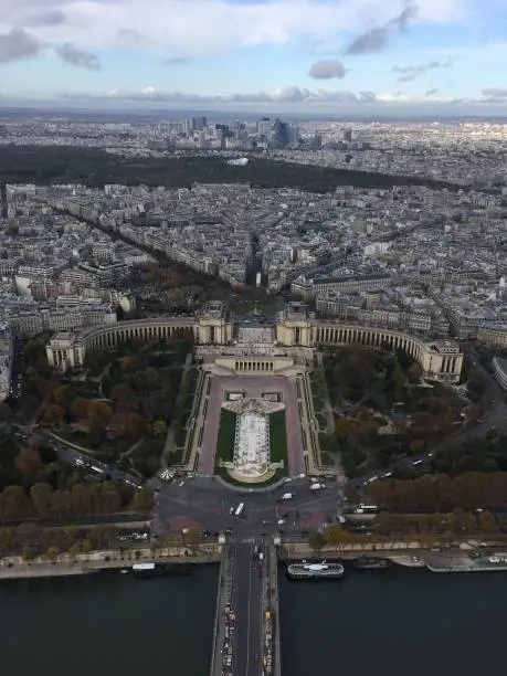 Looking toward the Trocadero. Panoramic view from the top deck of Eiffel Tower, Paris, France, Europe.