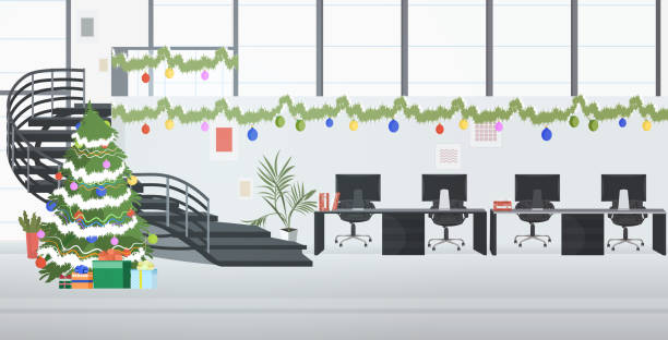 stockillustraties, clipart, cartoons en iconen met coworking center ingericht voor kerst vakantie viering moderne kantoor interieur horizontaal - xmas tree