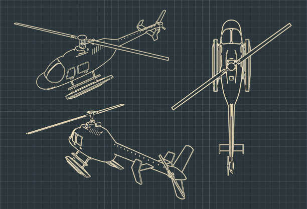 Helicopter blueprints Stylized vector illustration of drawings of a civilian helicopter helicopter modern stock illustrations