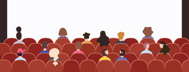 stockillustraties, clipart, cartoons en iconen met publieks menigte zittend in stoelen tijdens event presentatie - theater publiek
