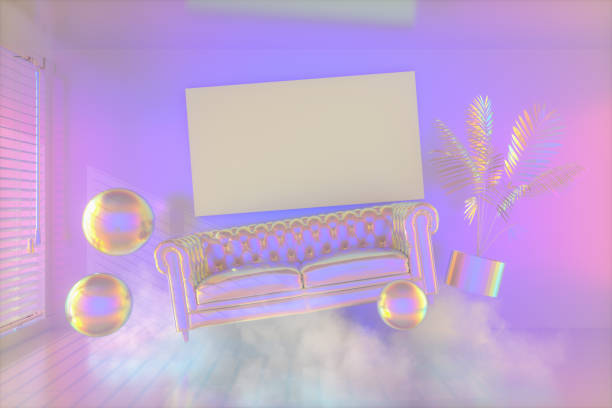 iridescent living room empty frame with sunlight and smoke, zero gravity, 3d render - cair no sofá imagens e fotografias de stock
