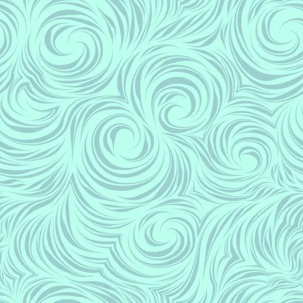 Vector illustration of Seamless vector pattern of flowing brush strokes, waves and flow abstract concept. Spiraled curls and swirls. Seamless blue texture for textile fabrics and packaging on a turquoise background .