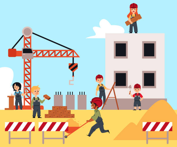 illustrazioni stock, clip art, cartoni animati e icone di tendenza di bambini in uniforme da costruttore che lavorano in cantiere - child building activity construction engineer