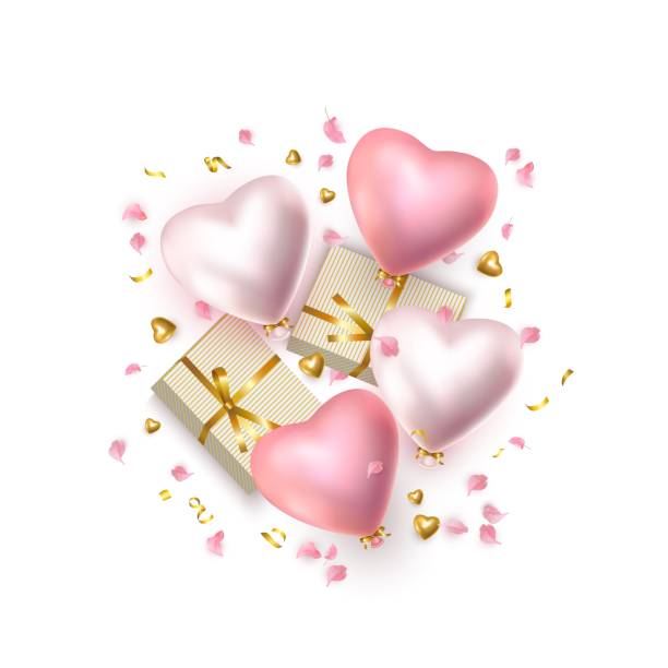 istock Happy Valentines Day, realistic rose silver helium balloons, heart, gift boxes 1193360655