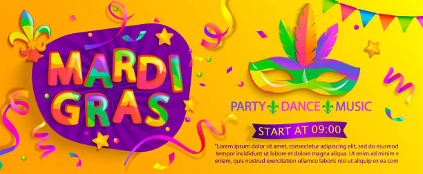ilustraciones, imágenes clip art, dibujos animados e iconos de stock de mardi gras banner, invitando a la fiesta de carnaval. - vector costume party feather