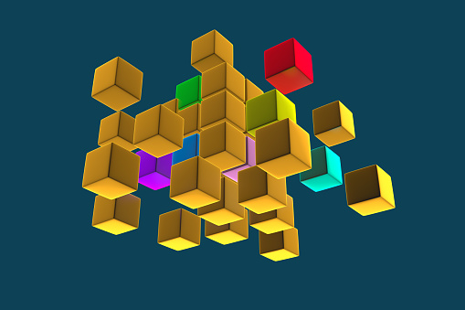 Business concept, 3D gold block cubes on dark background. 3D rendering