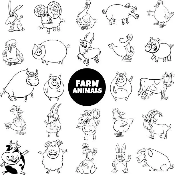Vector illustration of cartoon farm animal characters black and white set