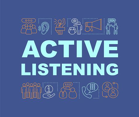 Active listening word concepts banner. Marketing campaign. Oratory skill. Isolated lettering typography idea with linear icons. Public speaking. Vector outline illustration