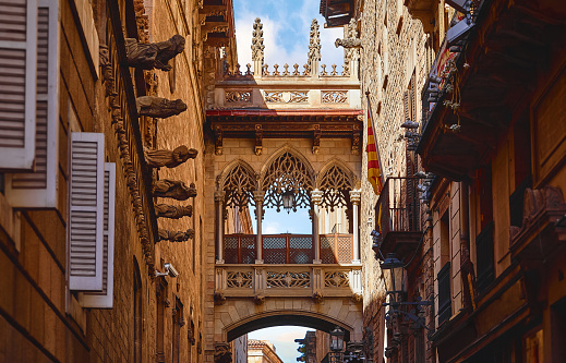 Barri Gotic Quarter in Barcelona, Spain. Antique Bridge