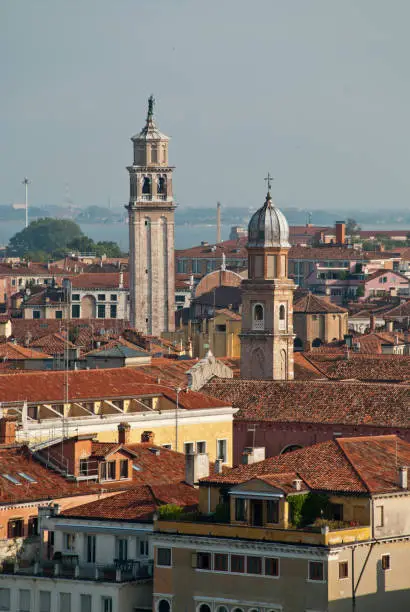 Venice, Italy: aerial view of the district Dorsoduro, bell towers of the churches "Santa Maria dei Carmini" (on the left) and "Chiesa di Ognissanti"