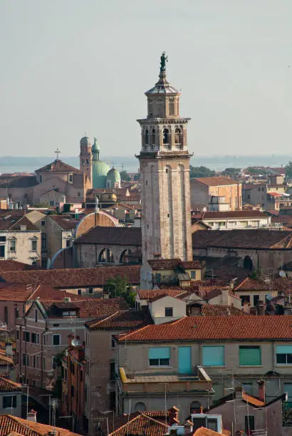 Venice, Italy: aerial view of the district Dorsoduro, bell tower of the church "Santa Maria dei Carmini"