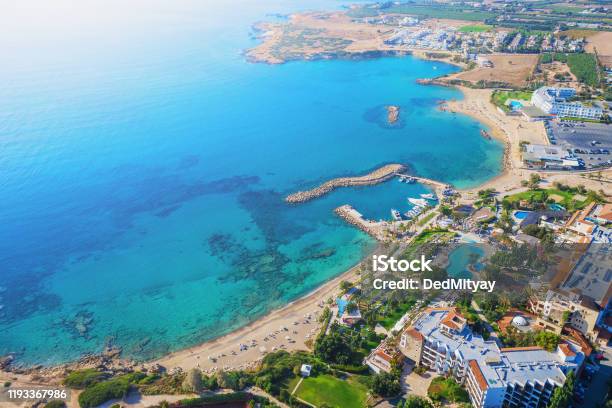 Cyprus Landscape Aerial Panoramic View Of Bay With Sandy Beach And Hotel On Coastline Drone Photo Mediterranean Vacation And Travel Concept Stock Photo - Download Image Now