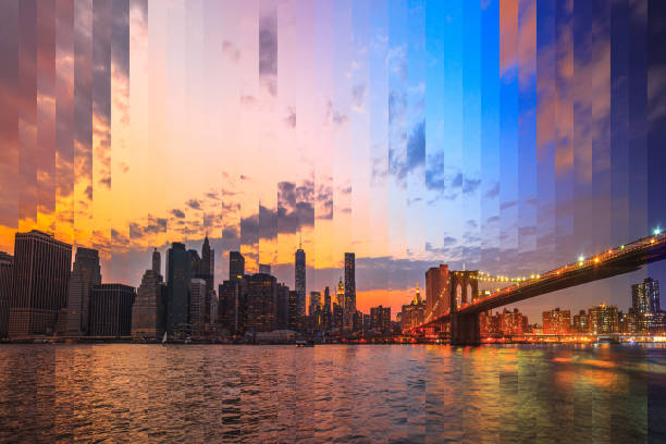 istock Downtown Manhattan skyline at dusk, TimeSlise shooting technique. 1193368697