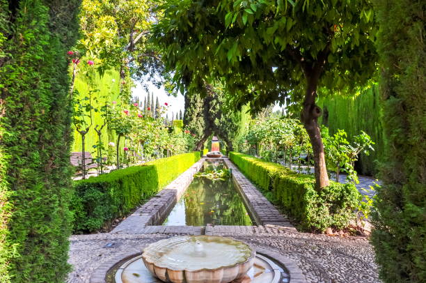 Granada, Spain - June 2019: Generalife gardens in Alhambra