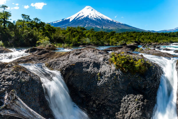 Osorno volcano and Petrohue falls stock photo