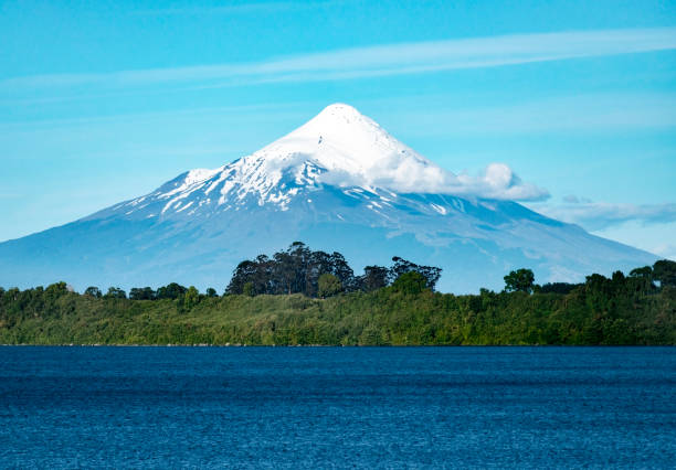 Osorno Volcano and Llanquihue lake, view from Puerto Varas, Chile.