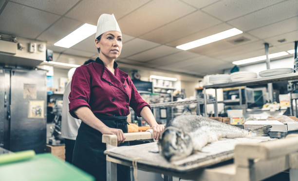 istock Female Chef working in industrial kitchen 1193369549