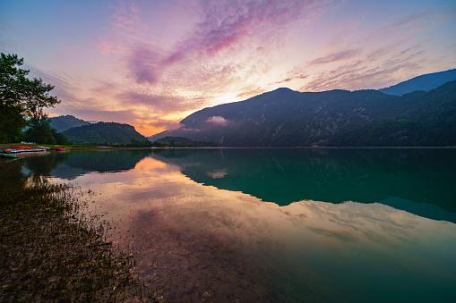Summer sunrise landscape of the lake Corlo, Italy