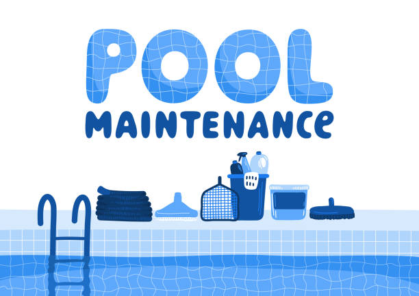 Pool maintenance accessories Pool maintenance accessories. Swimming pool with lettering on white background. hand water pump stock illustrations