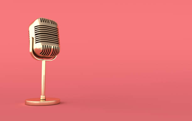 istock Retro concert microphone realistic 3d render. Golden mike on pink background 1193373525