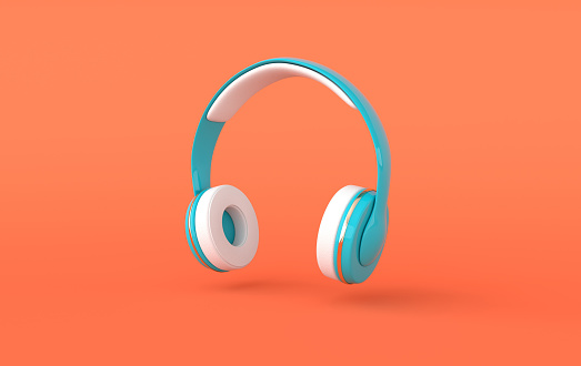 Auriculares renderizado 3d realista. Amante de la música fondo minimalista con auriculares de audio inalámbricos azules, blancos y dorados photo