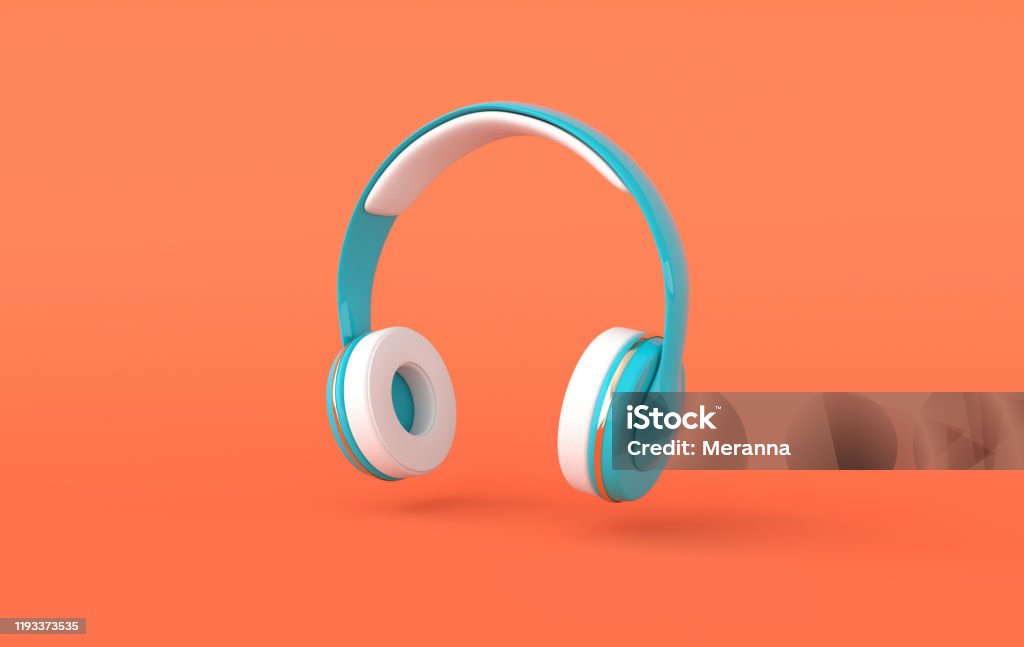 Rendering 3d realistico delle cuffie. Sfondo minimalista amante della musica con auricolari audio wireless blu, bianco e dorato - Foto stock royalty-free di Cuffia - Attrezzatura per la musica