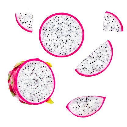 Creative layout made of Dragon fruit. Fresh exotic  Pitaya fruit.  Flat lay. Food concept