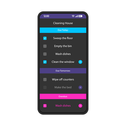 House cleaning schedule smartphone interface vector template. Mobile app page black design layout. Cleaning calendar, organizer screen. Flat UI for application. Weekly to do list. Phone display