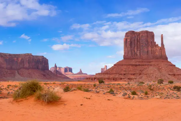 Buttes in Monument Valley, Arizona, under a nicely clouded sky