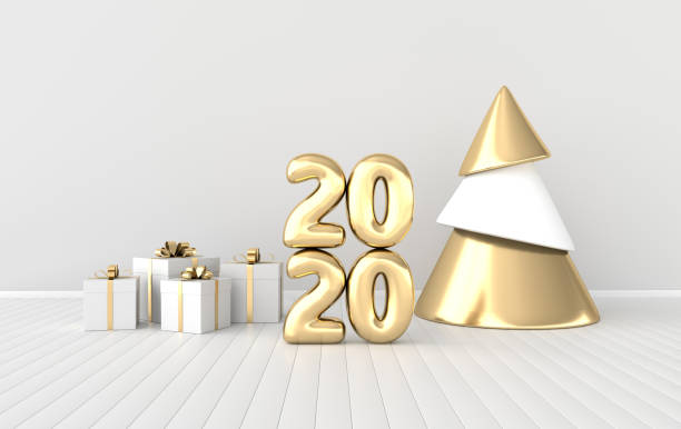 istock New year 2020 celebration interior background. Golden numerals 2020, poster frame, gift box and xmas tree. Realistic illustration for New Year's and Christmas banners. 3d render 1193376276