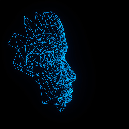 3d render human face with abstract web structure. Artificial intelligence concept. Young woman's face