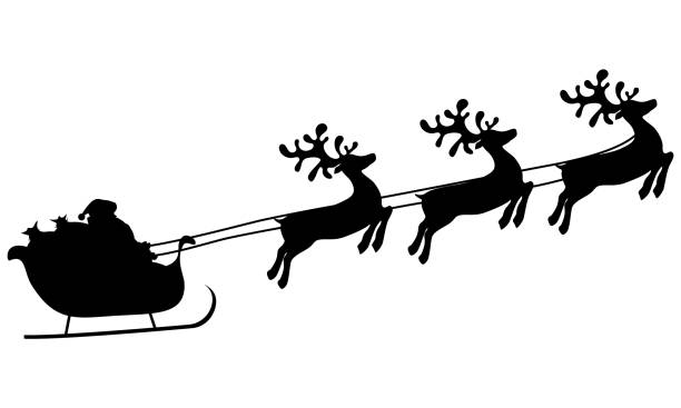ilustraciones, imágenes clip art, dibujos animados e iconos de stock de los renos de navidad llevan a santa claus en un trineo con regalos. - santa
