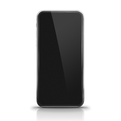 Black Screen Modern Smart Phone Front View Isolated on White