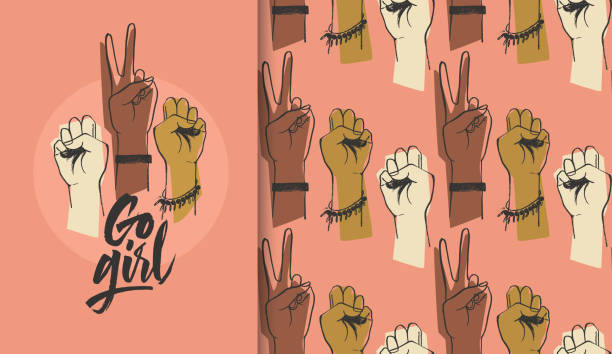 Go girl illustration Go girl illustration with raised women hands, seamless pattern and lettering girl power stock illustrations
