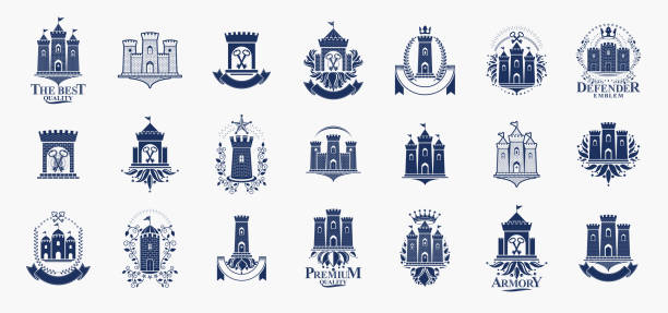 schlösser logos große vektor-set, vintage heraldische festungen embleme sammlung, klassischen stil heraldik design-elemente, alte festungen und zitadellen. - schloss stock-grafiken, -clipart, -cartoons und -symbole